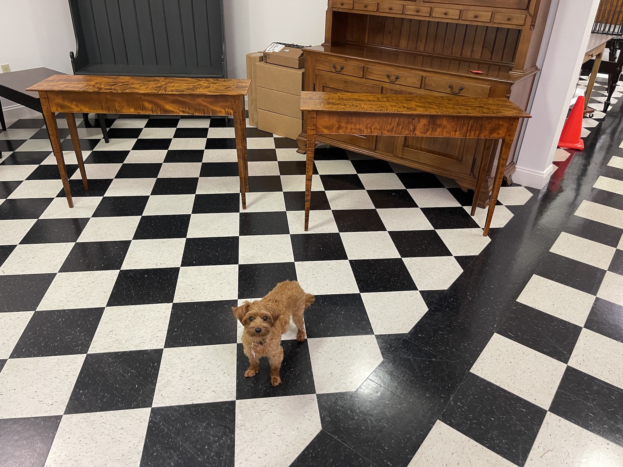 Pair of Custom Tiger Maple Hall Tables-image