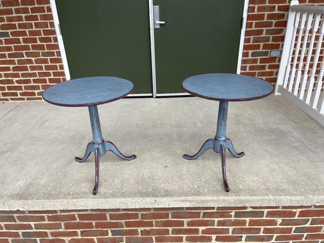 Pair of Queen Anne Round Top Tables Rustic Country Blue over Rustic Red - Sold-image