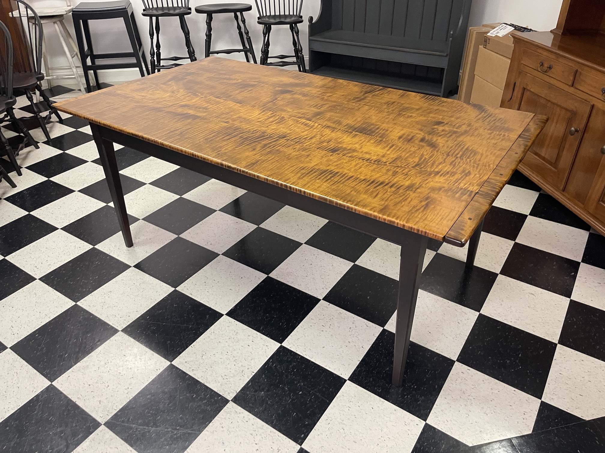 6ft X 39in Pennsylvania Farm Table - Tiger Maple Top - Antique Black over Red Base-image