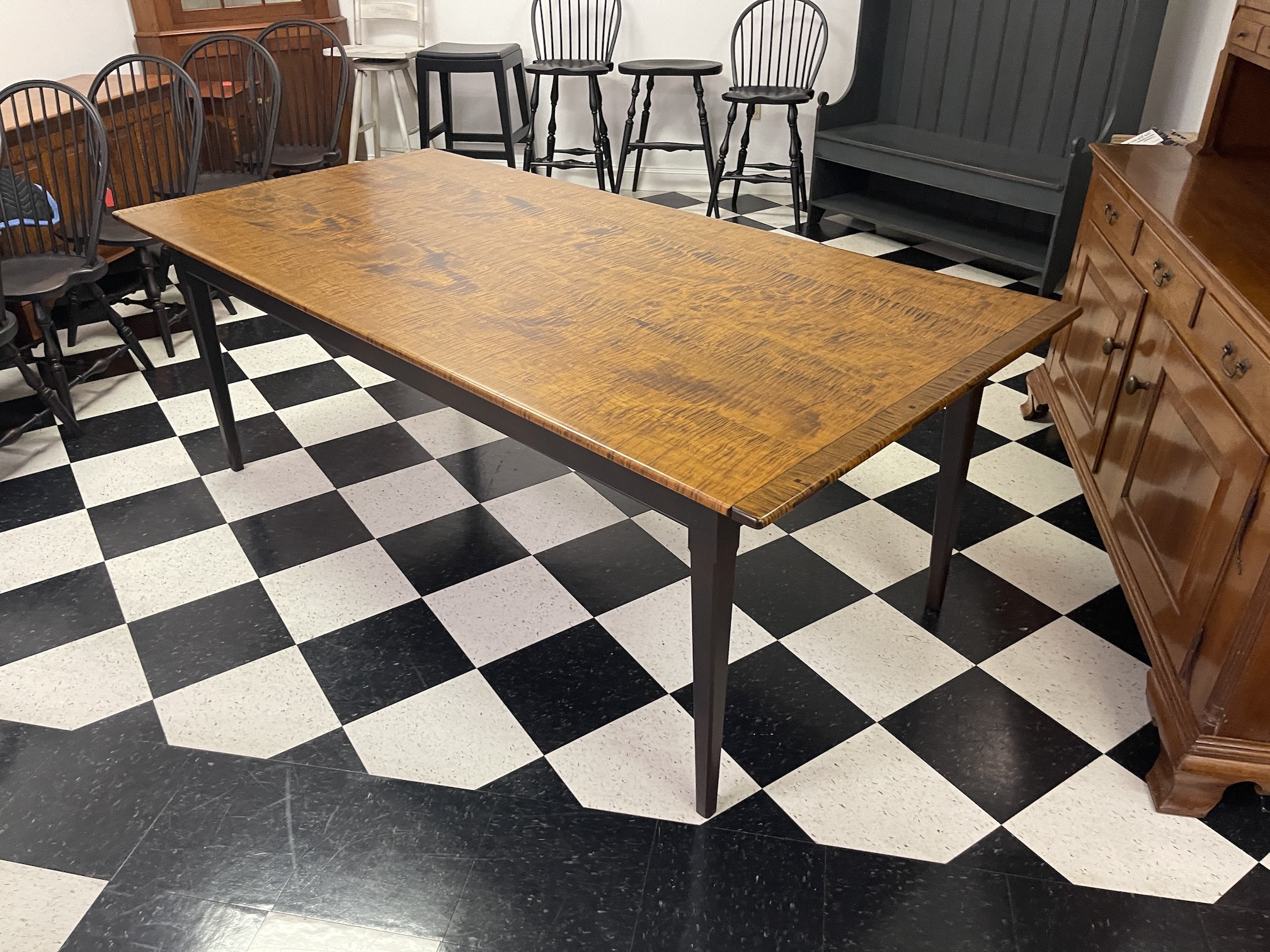 7ft X 40in Pennsylvania Farm Table - Tiger Maple Top - Antique Black over Red Base-image