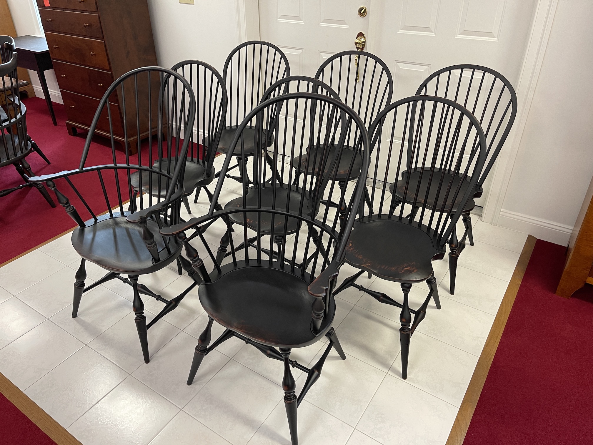 Set of 8 Windsor Chairs in Antique Black over Red Crackle Finish-image